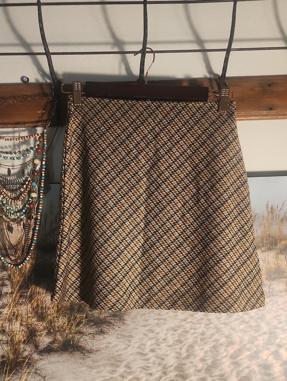Free People Tan & Black Checked Skater Skirt